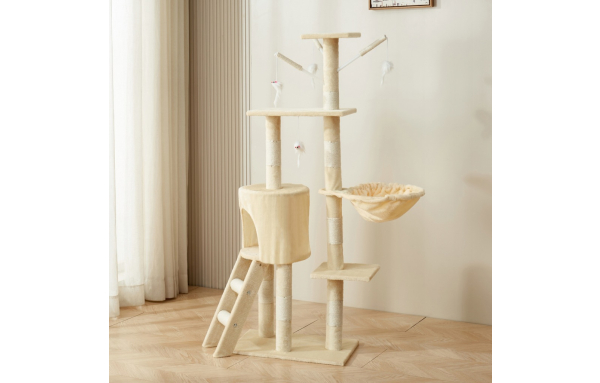 Drapak dla kota duży słupek beżowy 5 poziomów - domek, legowisko, zabawki