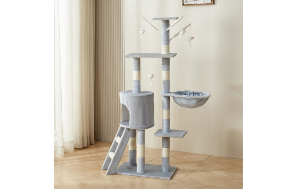 Drapak dla kota duży słupek szary 5 poziomów - domek, legowisko, zabawki