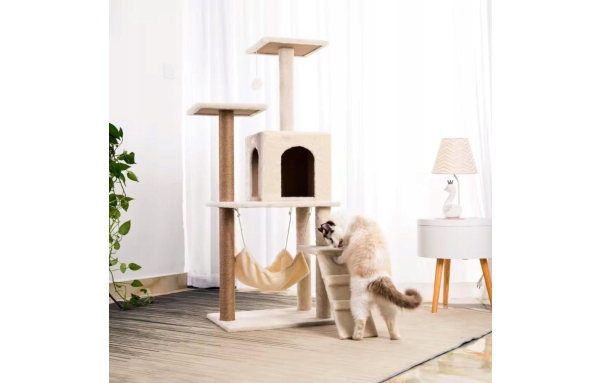 Drapak dla kota słupek beż 5 poziomów - domek, legowisko, hamak, drabinka