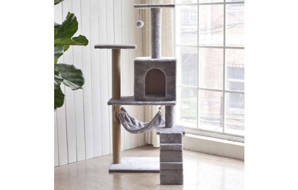 Drapak dla kota słupek szary 5 poziomów - domek, legowisko, hamak, drabinka