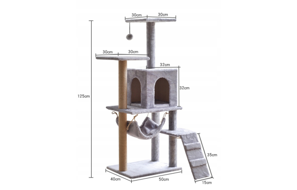 Drapak dla kota słupek szary 5 poziomów - domek, legowisko, hamak, drabinka