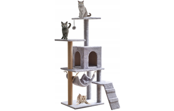Drapak dla kota słupek szary 5 poziomów - domek, legowisko, hamak, drabinka