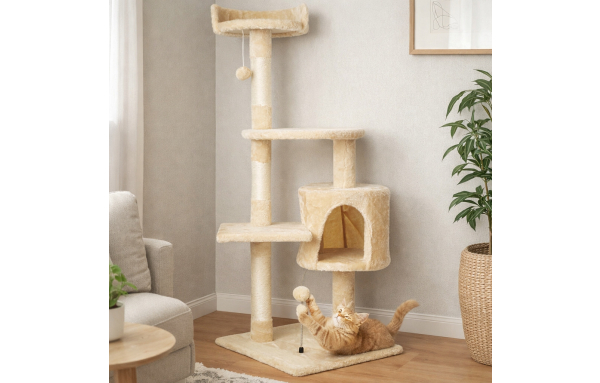 Drapak drzewko dla kota słupek beż 5 poziomów - domek, legowisko, zabawki