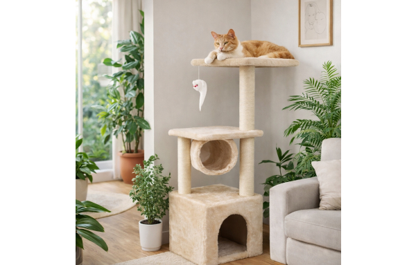Drapak drzewko dla kota słupek beżowy 4 poziomy domek, legowisko, tunel