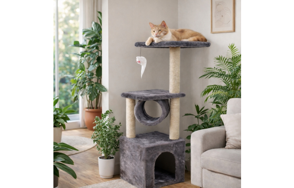 Drapak drzewko dla kota słupek grafitowy 4 poziomy domek, legowisko, tunel