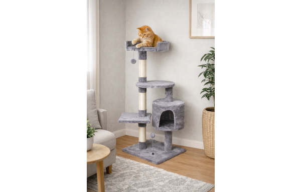 Drapak drzewko dla kota słupek szary 5 poziomów - domek, legowisko, zabawki