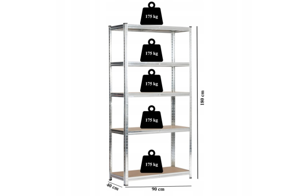 REGAŁ MAGAZYNOWY METALOWY 180x90x40cm DO GARAŻU PIWNICY DOMU 5 PÓŁEK 875KG