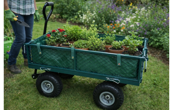 WÓZEK OGRODOWY TRANSPORTOWY ROZKŁADANY 100L 200KG TACZKA POMPOWANE KOŁA