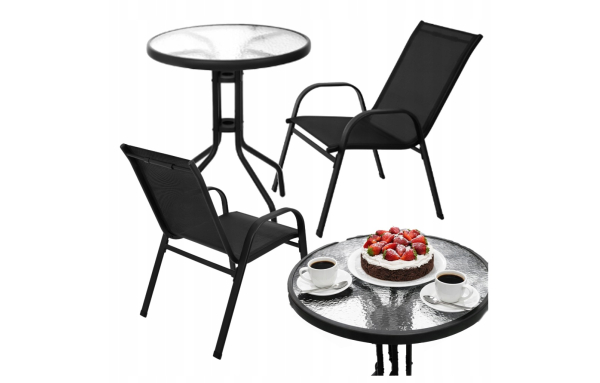 ZESTAW MEBLI OGRODOWYCH NA BALKON TARAS 3 EL: STOLIK ,2 FOTELE METAL CZARNY
