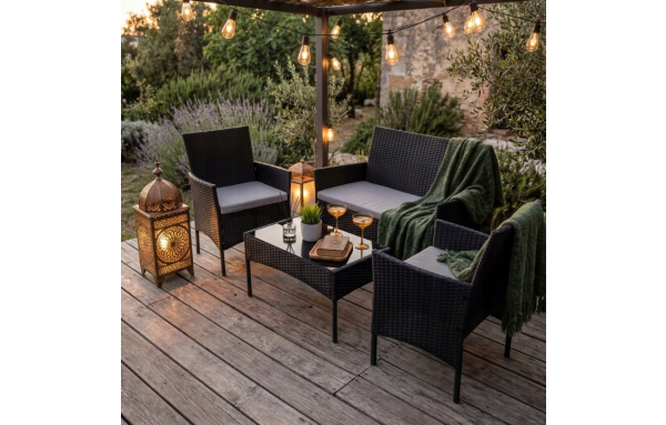 ZESTAW MEBLI OGRODOWYCH RATTAN CZARNY NA TARAS FOTELE SOFA STOLIK