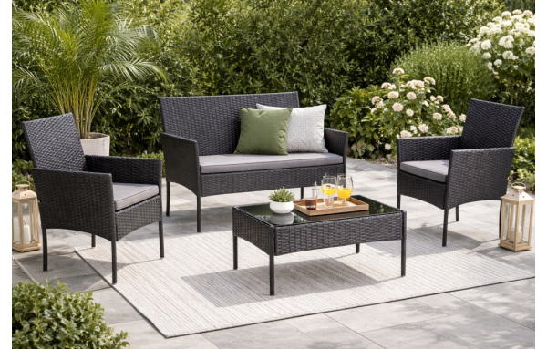 ZESTAW MEBLI OGRODOWYCH RATTAN CZARNY NA TARAS FOTELE SOFA STOLIK