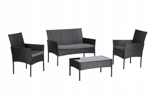 ZESTAW MEBLI OGRODOWYCH RATTAN CZARNY NA TARAS FOTELE SOFA STOLIK