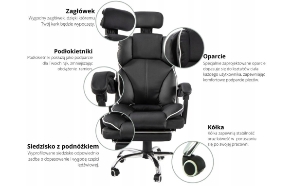 Fotel biurowy obrotowy LEON wygodne krzesło ergonomiczne podnóżek czarny