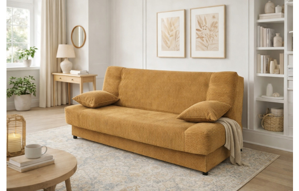 Wersalka JAŚ sztruks MUSZTARDOWY poso 01 z funkcją spania pojemnik sprężyny